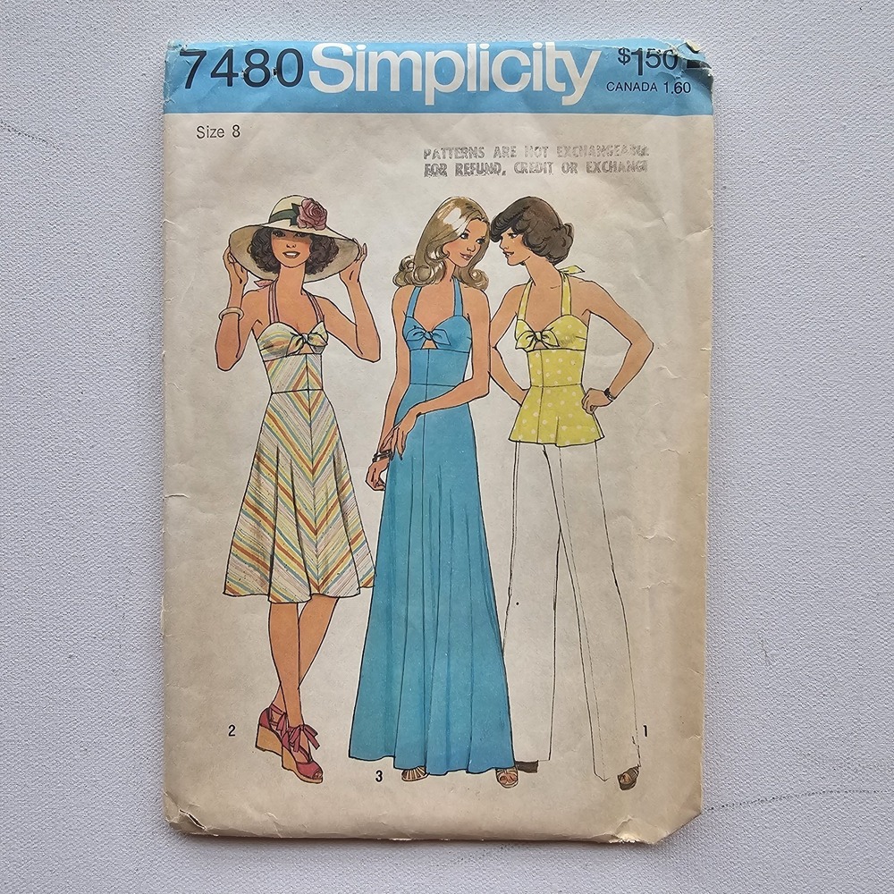1970s Vintage 31.2" Bust Simplicity 7480 Halter Keyhole Dress Sewing Pattern
